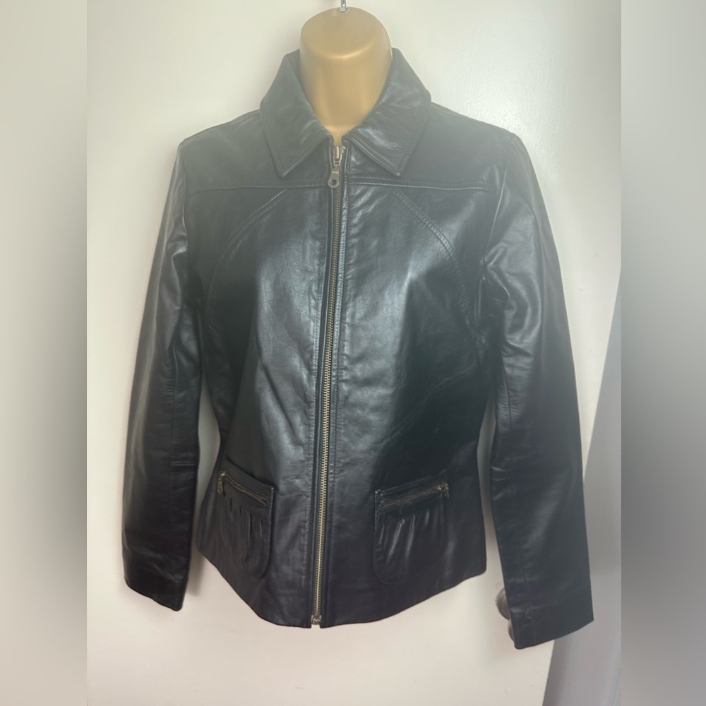 Frenchi Black 100% Leather Vintage 90’s/Y2K Motorcycle Inspired Zip Jacket S